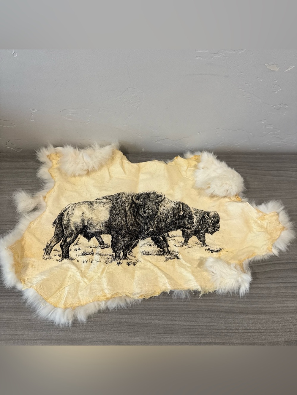 Stamped Printed Bison Buffalo Rabbit Hide Pellet White Authentic Fur 18” Art